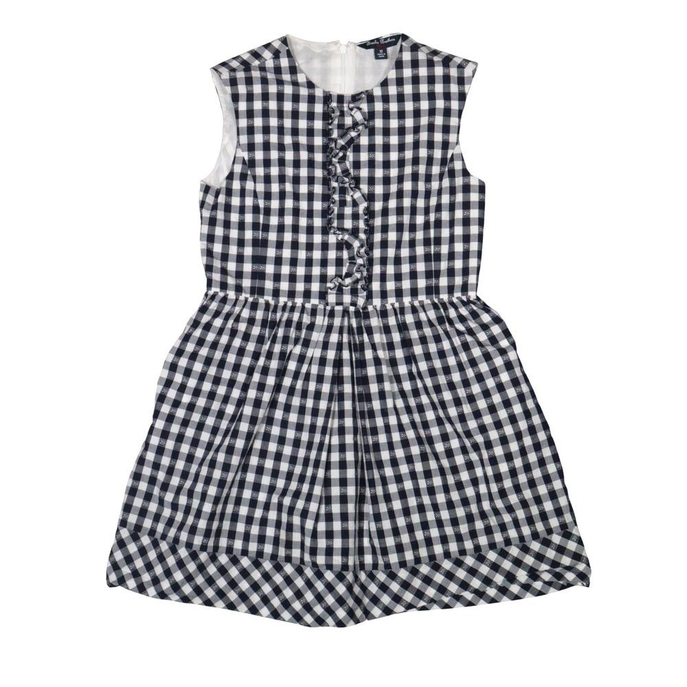 Brooks Brothers Dress Gingham Ruffled Placket Pockets Navy Preppy Cotton Kids 12